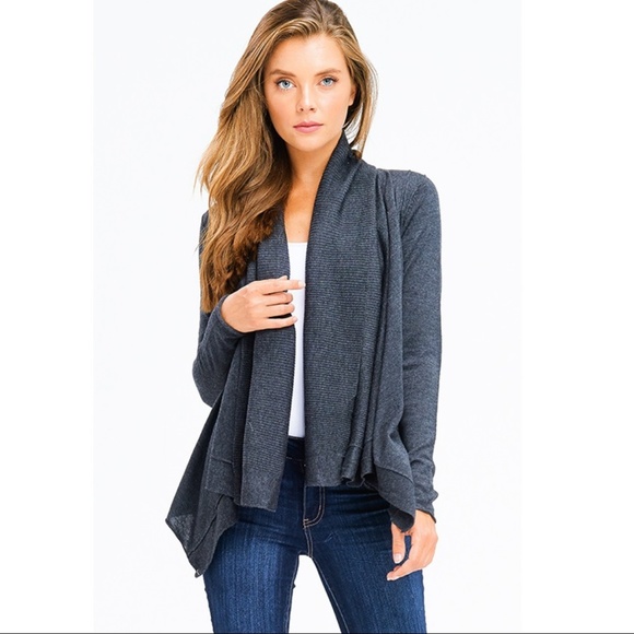 NWT Premium Drape Collar Dark Grey Ribbed Knit Cardigan - Picture 1 of 6